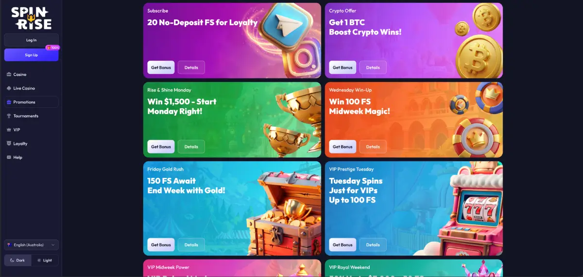 Spinrise casino no deposit bonus free spins offer screen