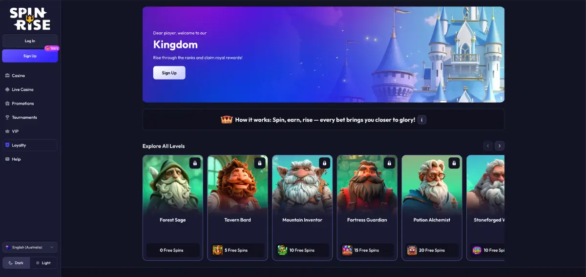 Spin rise casino promotions page with cashback and free spins offers