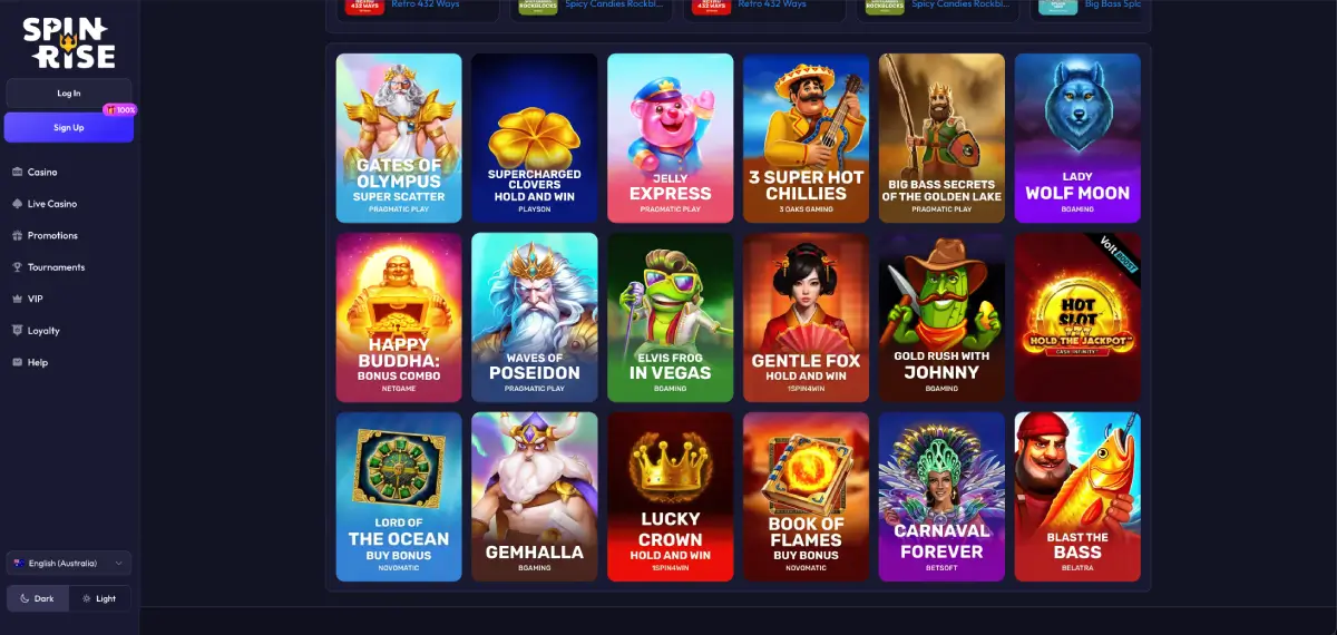 Spin rise casino lobby showing top games and RTP categories