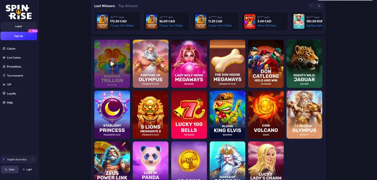 Spinrise mobile casino interface with pokies on smartphone screen