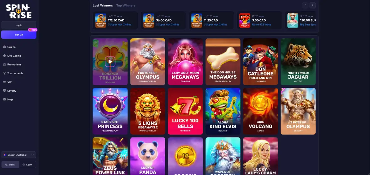 Spinrise casino pokies lobby with featured slots and RTP categories