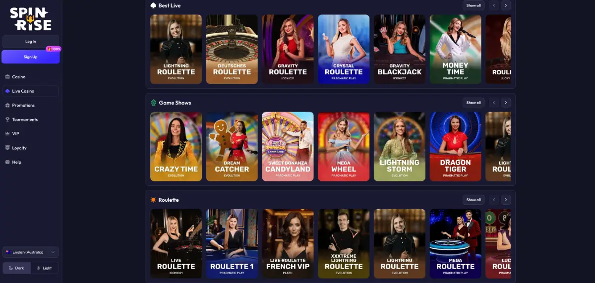 Spinrise live casino interface showing roulette table and live dealer