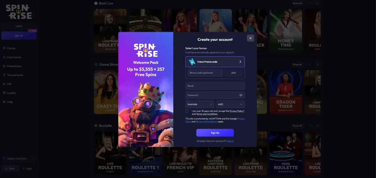 Casino Spinrise registration form with quick sign up process