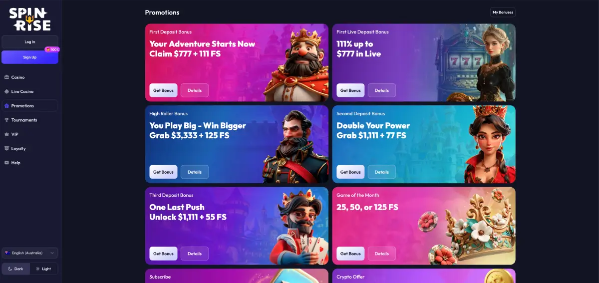 Spinrise casino bonus page with $5,555 offer and free spins