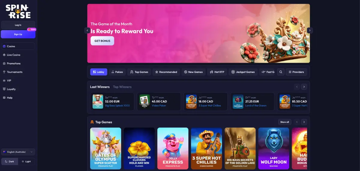 Spinrise casino homepage interface with pokies and bonus banner